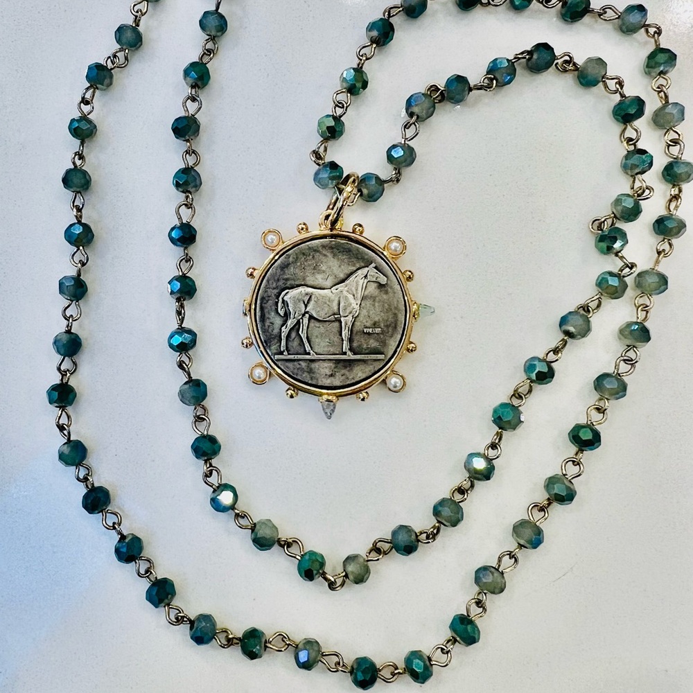 Teal Beaded Necklace with Horse Medallion Pendant